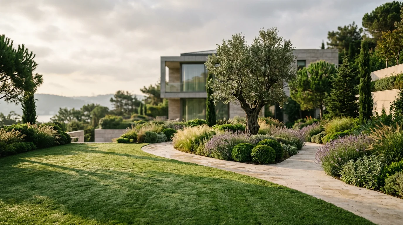 Sabah ışığında olgun zeytin ağacı, taş patika ve kusursuz çim alanıyla tasarlanmış modern bir villa bahçesi.
